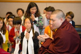 Two groups of students meet Thaye Dorje, His Holiness the 17th Gyalwa Karmapa, before the Chenresig empowerment