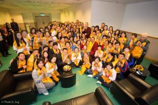 Two groups of students meet Thaye Dorje, His Holiness the 17th Gyalwa Karmapa, before the Chenresig empowerment