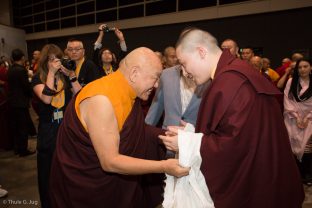 His Eminence Beru Khyentse Rinpoche greets Thaye Dorje, His Holiness the 17th Gyalwa Karmapa