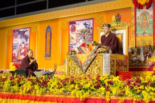 His Eminence 4th Jamgon Kongtrul Rinpoche offers a mandala during the Chenresig empowerment given by Thaye Dorje, His Holiness the 17th Gyalwa Karmapa, to around 2,000 people in Hong Kong