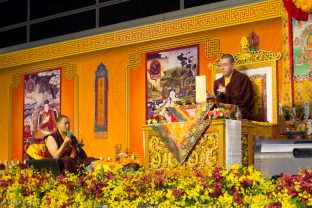 Thaye Dorje, His Holiness the 17th Gyalwa Karmapa, leads a puja for the deceased, Hong Kong. His Eminence 4th Jamgon Kongtrul Rinpoche, Karma Mingyur Dragpa Senge, assists (left).