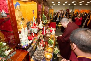 Thaye Dorje, His Holiness the 17th Gyalwa Karmapa, in front of the altar at the New Horizon Buddhist Association Bodhi Path Buddhist Centre in Hong Kong