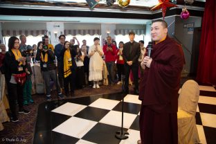 Thaye Dorje, His Holiness the 17th Gyalwa Karmapa, gives a speech at a traditional fish release ceremony in Hong Kong