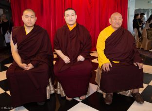 Left to right: HIs Eminence 4th Jamgon Kongtrul Rinpoche, Thaye Dorje, His Holiness the 17th Gyalwa Karmapa, and HIs Eminence Beru Khyentse Rinpoche, at a traditional fish release ceremony in Hong Kong