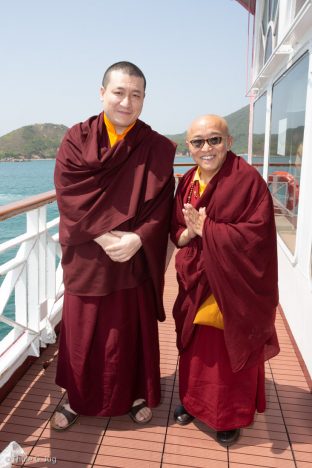 Thaye Dorje, His Holiness the 17th Gyalwa Karmapa, and Venerable Sang Sang Rinpoche at the fish release ceremony in Hong Kong