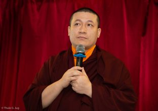 Thaye Dorje, His Holiness the 17th Gyalwa Karmapa, gives a speech at a traditional fish release ceremony in Hong Kong