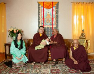 (Left to right) Sangyumla Rinchen Yangzom; Thaye Dorje, His Holiness the 17th Gyalwa Karmapa; Thugsey (their son); Jigme Rinpoche, Karmapa's General Secretary; Solponla Tsultrim Namgyal, Karmapa's Senior Attendant