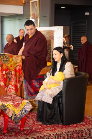 Thaye Dorje, His Holiness the 17th Gyalwa Karmapa, and Sangyumla Rinchen Yangzom, together with Thugsey (their son) at Dhagpo Kagyu Ling