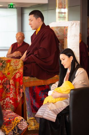 Thaye Dorje, His Holiness the 17th Gyalwa Karmapa, and Sangyumla Rinchen Yangzom, together with Thugsey (their son) at Dhagpo Kagyu Ling