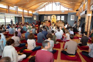 Students with Thaye Dorje, His Holiness the 17th Gyalwa Karmapa, Sangyumla Rinchen Yangzom, and Thugsey (their son) at Dhagpo Kagyu Ling