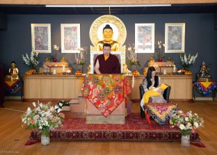 Thaye Dorje, His Holiness the 17th Gyalwa Karmapa, Sangyumla Rinchen Yangzom, and Thugsey (their son) at Dhagpo Kagyu Ling