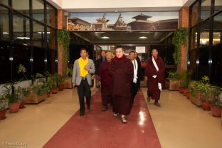 Mr Rabindra Prasad Adhikari, (Minister of Culture, Tourism and Civil Aviation in Nepal), Jigme Rinpoche (Karmapa's General Secretary), Thaye Dorje, His Holiness the 17th Gyalwa Karmapa, and Khenpo Gyaltsen (Abbot, Shar Minub Monastery, Sharminub Institute)