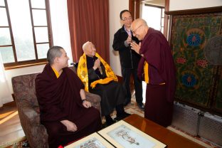 Thaye Dorje, His Holiness the 17th Gyalwa Karmapa, Master Shiah Jing Shan, and Solponla Tsultrim Namgyal, Karmapa's Senior Attendant