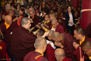 Karmapa grants the blessing with the ritual vase during the empowerment of Amitayus