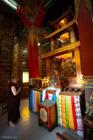 The shrine inside the stupa at Samten Phuntsok Ling, Tharig Rinpoche's Monastery and Retreat Centre, from the Sakya tradition, in Pharping