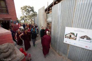Karmapa visits Swayambhu, which was severely damaged in the 2015 earthquakes, and is now in the process of reconstruction.