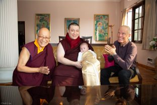 (Left to right:) Solponla Tsultrim Namgyal, Karmapa's Senior Attendant, Thaye Dorje, His Holiness the 17th Gyalwa Karmapa, Karmapa's son Thugsey, and Lama Ole