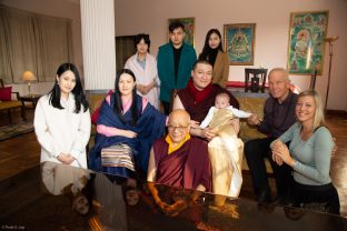 Sangyumla's mother Mrs Kunzang and some of her siblings join Solponla Tsultrim Namgyal, Karmapa's Senior Attendant, Thaye Dorje, His Holiness the 17th Gyalwa Karmapa, Karmapa's son Thugsey, Lama Ole and Anne Behrend