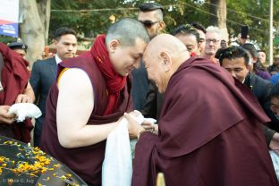 Thaye Dorje, His Holiness the 17th Gyalwa Karmapa, is greeted by His Eminence Beru Khyentse Rinpoche