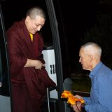 Thaye Dorje, His Holiness the 17th Gyalwa Karmapa, Sangyumla and their son Thugseyla arrive at the Europe Center in Germany.