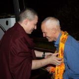 Thaye Dorje, His Holiness the 17th Gyalwa Karmapa, Sangyumla and their son Thugseyla arrive at the Europe Center in Germany.