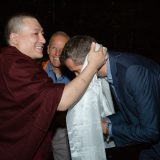 Thaye Dorje, His Holiness the 17th Gyalwa Karmapa, Sangyumla and their son Thugseyla arrive at the Europe Center in Germany.