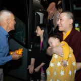 Thaye Dorje, His Holiness the 17th Gyalwa Karmapa, Sangyumla and their son Thugseyla arrive at the Europe Center in Germany.