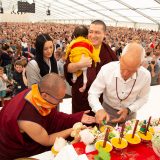 Traditional welcome ceremony for Thaye Dorje, His Holiness the 17th Gyalwa Karmapa, and Thugseyla at the Europe Center in Germany.