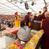 Traditional welcome ceremony for Thaye Dorje, His Holiness the 17th Gyalwa Karmapa, and Thugseyla at the Europe Center in Germany.