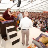 Traditional welcome ceremony for Thaye Dorje, His Holiness the 17th Gyalwa Karmapa, and Thugseyla at the Europe Center in Germany.