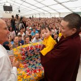 Traditional welcome ceremony for Thaye Dorje, His Holiness the 17th Gyalwa Karmapa, and Thugseyla at the Europe Center in Germany.