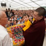 Traditional welcome ceremony for Thaye Dorje, His Holiness the 17th Gyalwa Karmapa, and Thugseyla at the Europe Center in Germany.