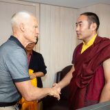 Students from Germany and around the world say goodbye as Thaye Dorje, His Holiness the 17th Gyalwa Karmapa, and his son Thugseyla leave the Europe Centre.