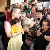 Students from Germany and around the world say goodbye as Thaye Dorje, His Holiness the 17th Gyalwa Karmapa, and his son Thugseyla leave the Europe Centre.