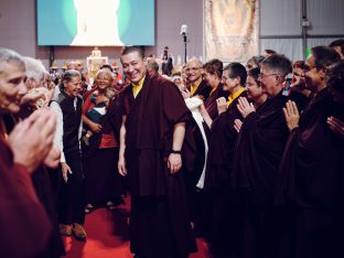 Day three in Dhagpo 2019: Thaye Dorje, His Holiness the 17th Gyalwa Karmapa, on the final day of his visit to Dhagpo Kagyu Ling. Photo / Tokpa Korlo