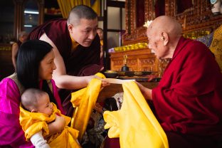 With humble appreciation, Karmapa receives the refuge name offered to Thugsey by His Eminence Luding Khenchen Rinpoche