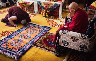 Thaye Dorje, His Holiness the 17th Gyalwa Karmapa, pays his respects to one of his most precious teachers, His Eminence Luding Khenchen Rinpoche, the 75th head of the Ngor tradition of the Sakya school of Tibetan Buddhism