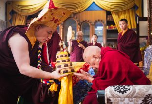 With humble appreciation, Karmapa offered His Eminence Luding Khen Rinpoche a mandala, a symbolic offering of body, speech and mind, together with other gifts