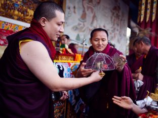 Thaye Dorje, His Holiness the 17th Gyalwa Karmapa, gives a Chenresig empowerment at Karma Temple, Bodh Gaya, India, December 2019. Photo / Tokpa Korlo