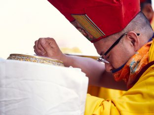 Thaye Dorje, His Holiness the 17th Gyalwa Karmapa, gives a Chenresig empowerment at Karma Temple, Bodh Gaya, India, December 2019. Photo / Tokpa Korlo