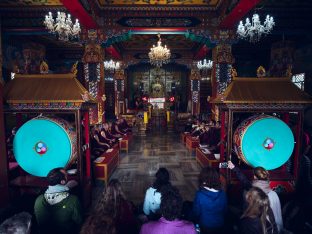 Thaye Dorje, His Holiness the 17th Gyalwa Karmapa, presides over a fire puja at His Eminence Beru Khyentse Rinpoche's guest house, India, December 2019. Photo / Tokpa Korlo