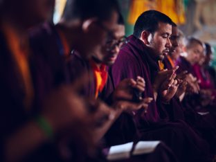 Thaye Dorje, His Holiness the 17th Gyalwa Karmapa, presides over a fire puja at His Eminence Beru Khyentse Rinpoche's guest house, India, December 2019. Photo / Tokpa Korlo