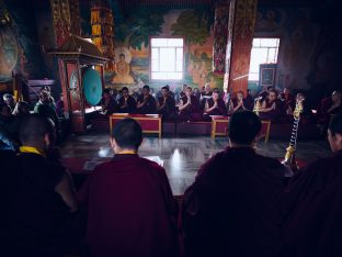 Thaye Dorje, His Holiness the 17th Gyalwa Karmapa, presides over a fire puja at His Eminence Beru Khyentse Rinpoche's guest house, India, December 2019. Photo / Tokpa Korlo