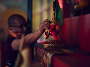 Thaye Dorje, His Holiness the 17th Gyalwa Karmapa, presides over a fire puja at His Eminence Beru Khyentse Rinpoche's guest house, India, December 2019. Photo / Tokpa Korlo