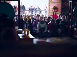 Thaye Dorje, His Holiness the 17th Gyalwa Karmapa, presides over a fire puja at His Eminence Beru Khyentse Rinpoche's guest house, India, December 2019. Photo / Tokpa Korlo