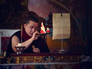 Thaye Dorje, His Holiness the 17th Gyalwa Karmapa, presides over a fire puja at His Eminence Beru Khyentse Rinpoche's guest house, India, December 2019. Photo / Tokpa Korlo