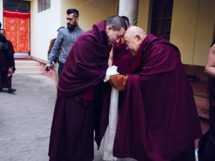 Thaye Dorje, His Holiness the 17th Gyalwa Karmapa, presides over a fire puja at His Eminence Beru Khyentse Rinpoche's guest house, India, December 2019. Photo / Tokpa Korlo