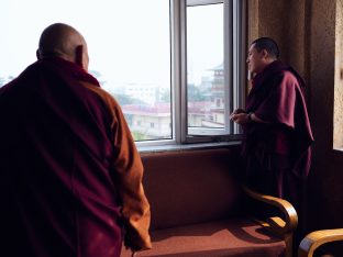 Thaye Dorje, His Holiness the 17th Gyalwa Karmapa, presides over a fire puja at His Eminence Beru Khyentse Rinpoche's guest house, India, December 2019. Photo / Tokpa Korlo