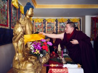 Thaye Dorje, His Holiness the 17th Gyalwa Karmapa, presides over a fire puja at His Eminence Beru Khyentse Rinpoche's guest house, India, December 2019. Photo / Tokpa Korlo