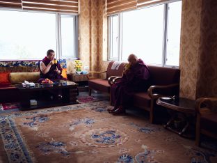 Thaye Dorje, His Holiness the 17th Gyalwa Karmapa, presides over a fire puja at His Eminence Beru Khyentse Rinpoche's guest house, India, December 2019. Photo / Tokpa Korlo